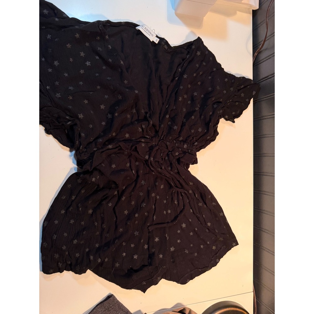 Lili Sidonio Molly Bracken Black Star Print Romper V-Neck Drawstring Waist Small